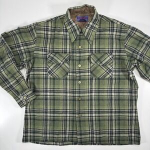 Vintage PONDEROSA by Bardon Plaid Wool Button Up Shirt Large Green Pocket Flaps